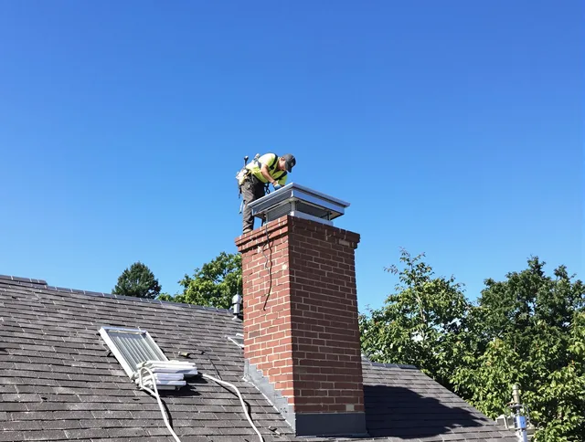Seekonk Chimney Sweep technician measuring a chimney cap in Seekonk, MA