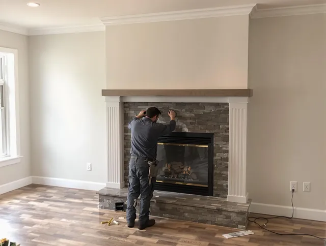 Seekonk Chimney Sweep finishing a custom fireplace install in Seekonk, MA